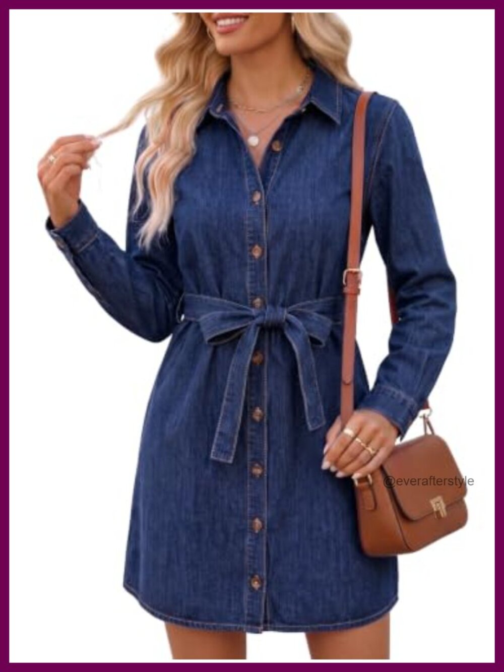 Womens Long Sleeve Denim Shirt Dress Button Down Tie Waist Mini